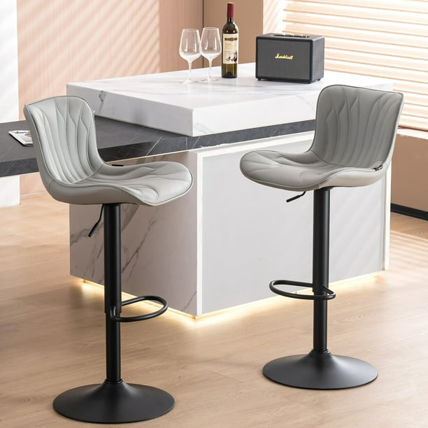 Kidol & Shellder Gray Leather Bar Stools Set of 2 Soft Swivel Counter