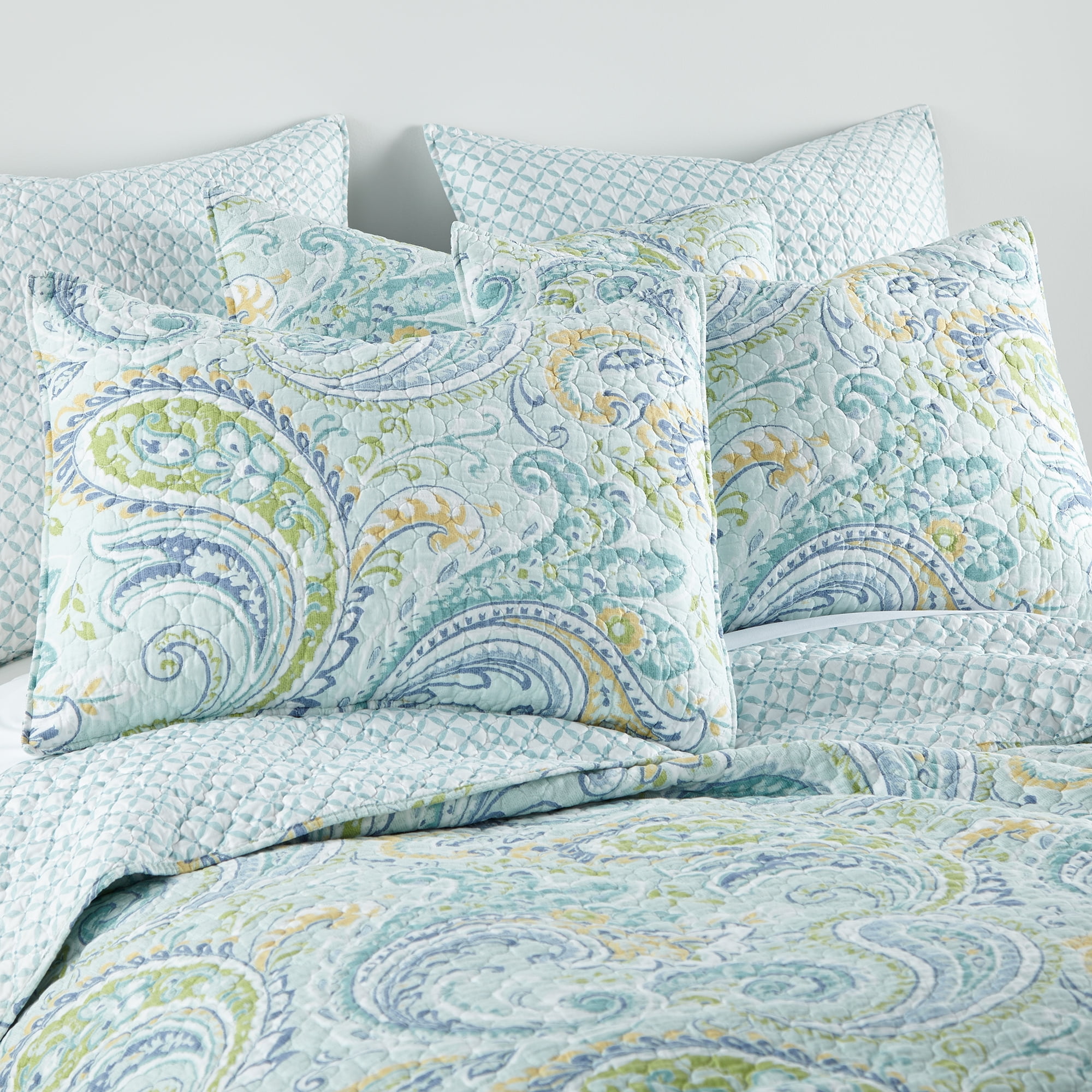 Levtex Home - Cortona Paisley Quilt Set - King Quilt (106x92in.) + Two king Pillow Shams (20x26in.) - Paisley - Green, Yellow, Blue, and White - Reversible - Cotton Fabric