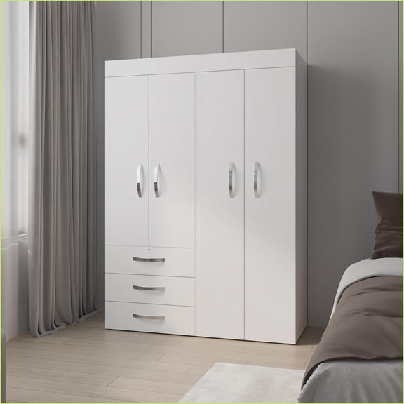 Chests & Wardrobes | FM FURNITURE Laurens Modern 4-Door Wardrobe with Drawers & Shelves | White | Particle Board