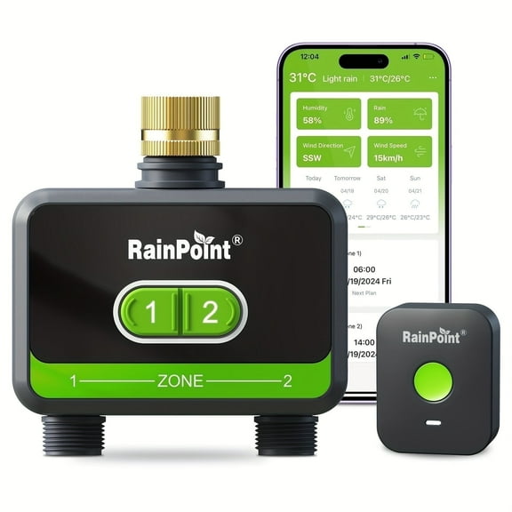 RainPoint 2-Zone Smart Wi-Fi Hose Timer with Brass Inlet, Outdoor Sprinkler Timer Irrigation Controller for Garden Yard Lawn, Watering Controller, HTV210