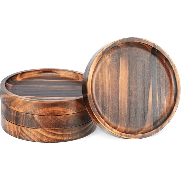 6Pcs Wooden Coasters for Drink-Acacia Wood Drink Coasters Set with Holder for Coffee Table Decor,Modern Cup Coaster for Kitchen Accessories Cute Beer Bar Decorative Rustic Outdoor Coasters