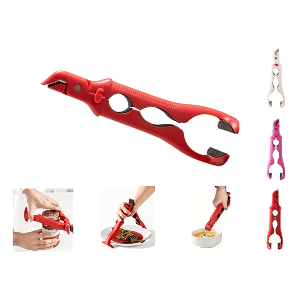 Anti-scald Bowl Clamp 3-in-1 Heat-Resistant Kitchen Tongs with Built-in Jar Opener Multi-angle Hot Plate Gripper Tongs(Red)