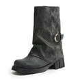 thumbnail image 4 of Womens Fold Over Buckle Mid Calf Boots 2025 Slouch Leather Wide Width Platform Chunky Heel Short Riding Boots, 4 of 6
