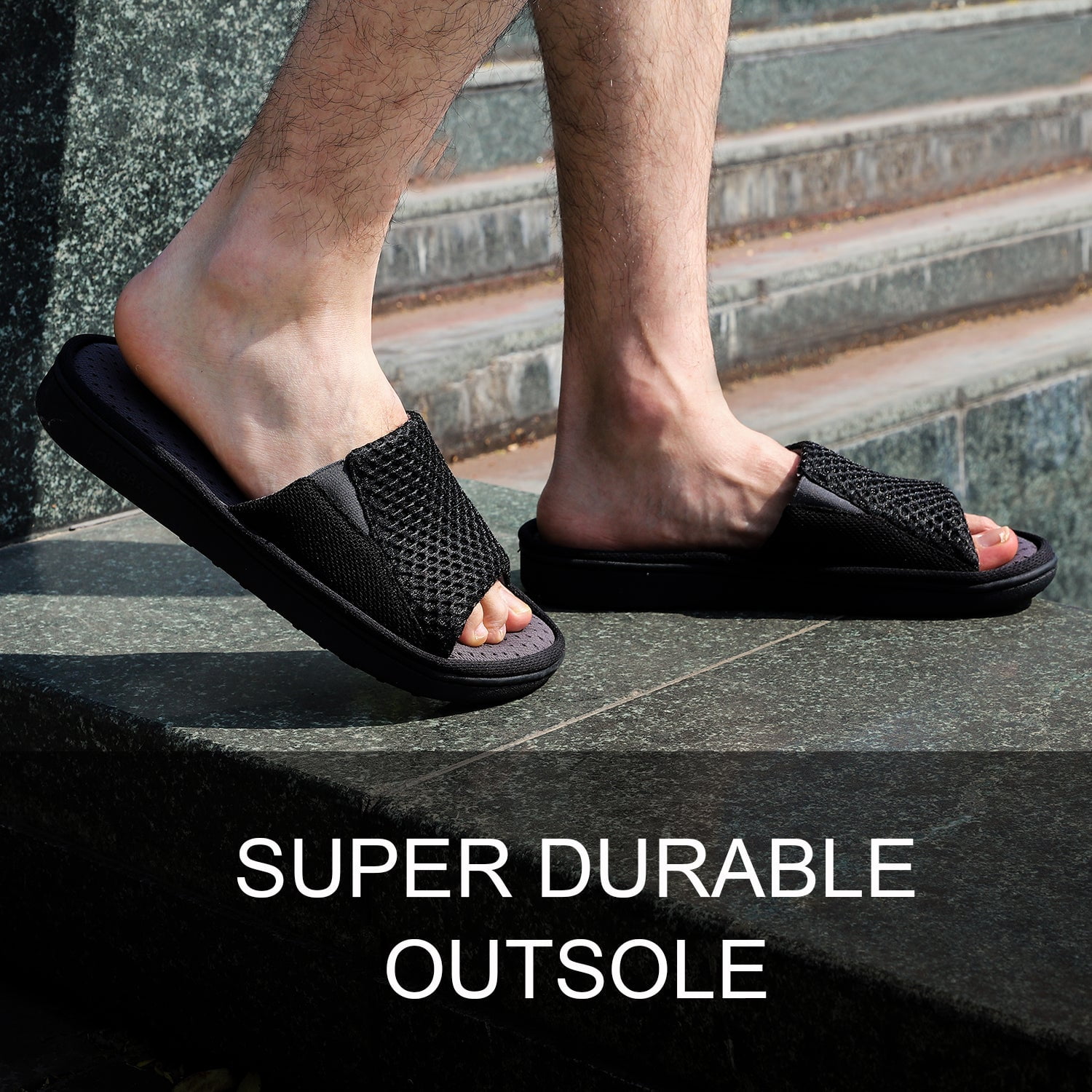 LongBay Men's Memory Foam Slide Slippers - Adjustable Open Toe House Shoes with Breathable Mesh for Indoor Outdoor