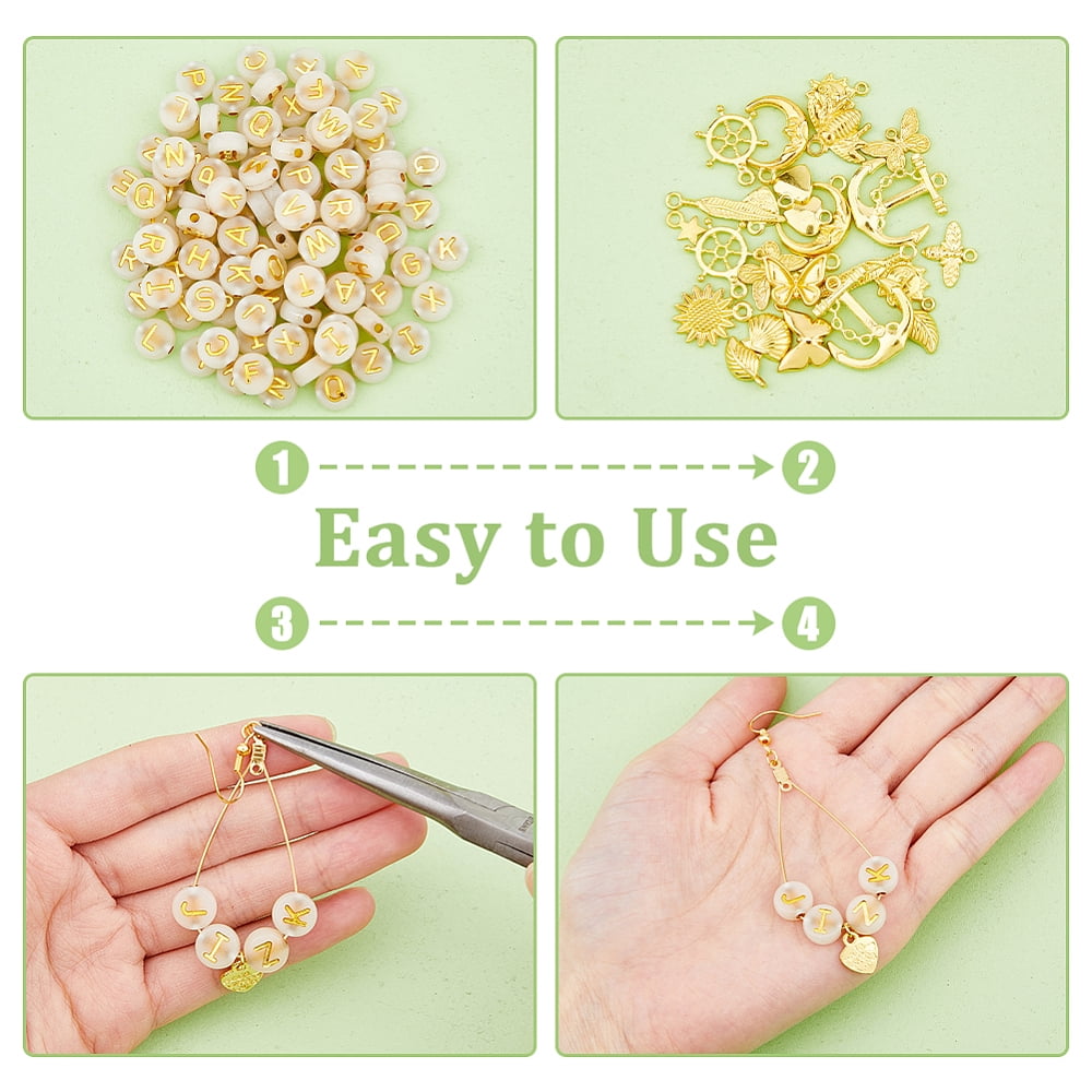 1box Earring Making Kit Including Brass Earring Hooks Alloy & 304 Stainless Steel Wire Pendants Acrylic Letter Beads Pliers Sun & Star & Butterfly & Bees & Heart & Anchor Golden 475pcs/box