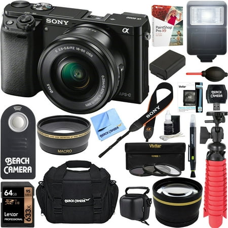 Sony Alpha a6000 24.3MP Wi-Fi Mirrorless Digital Camera + 16-50mm Lens Kit (Black) + 64GB SD Card