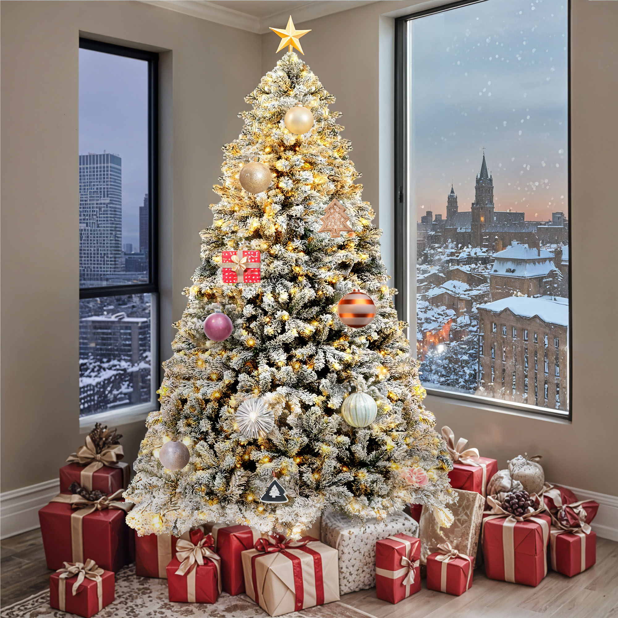 Uforic 6ft Pre-Lit Snow Flocked Christmas Tree With Remote photo 2
