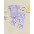 thumbnail image 2 of Bagilaanoe 3pcs Newborn Baby Girl Pants Set Letters Short Sleeve Romper Tops + Floral Flare Trousers + Headband 3M 6M 12M 18M Infant Casual Clothes, 2 of 7