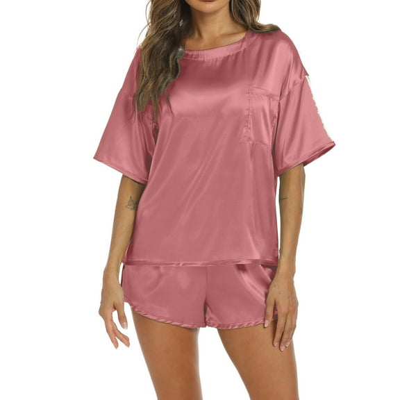 Pajamas for Women 2 Piece Solid Color Short Sleeve Pocket High Waist Elasti Short Pajama Set