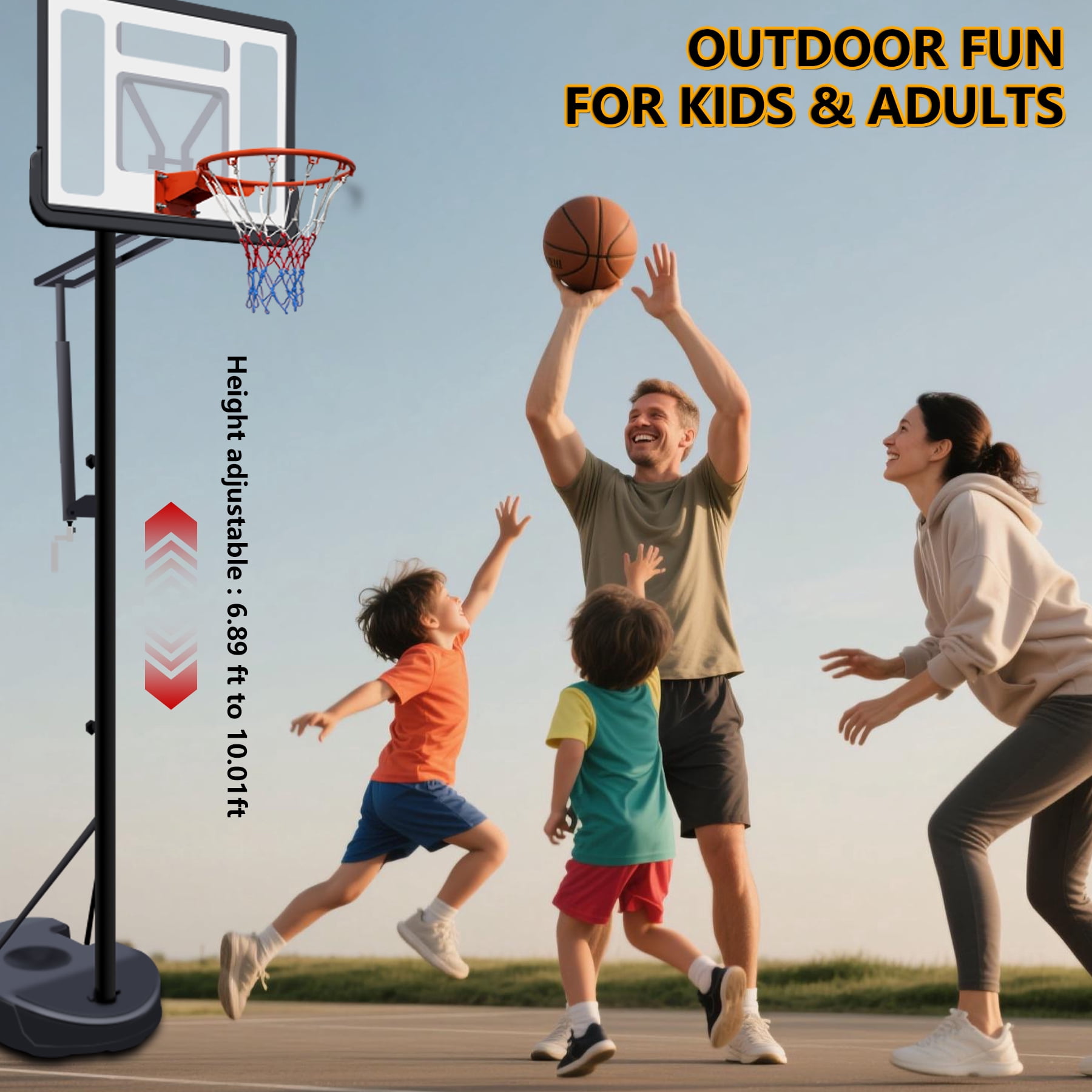 34 inch Portable Basketball Hoop, Adjustable Height 6.89 ft to 10.01 ft, Backboard with Rebound System, Indoor/Outdoor Basketball Goal with Water/Sand Base, Wheels for Easy Move, Black