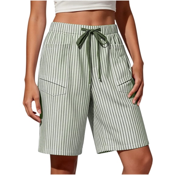 Cagogo Women's Drawstring Striped Bermuda Shorts Casual Loose Elastic Waist Beach Pants Summer Lounge Shorts Travel Vacation Beachwear, Green M