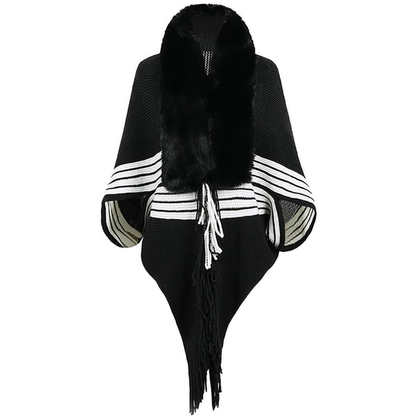 Capa de mujer, abrigo tipo chal grueso y suelto de punto, bufanda de cuello artificial, abrigo con capucha, capa para mujer