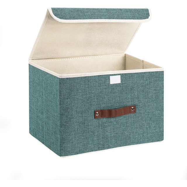 ZHAOCHENG Caja de almacenamiento plegable con tapa y cesta de almacenamiento de tela con costura de lino, caja de almacenamiento con asas de cuerda de algodón, caja de almacenamiento tipo cubo de alma