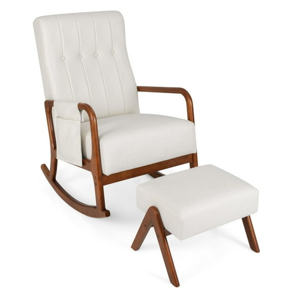 Rocking Chair with Ottoman Solid Rubber Wood Frame Padded Cushion