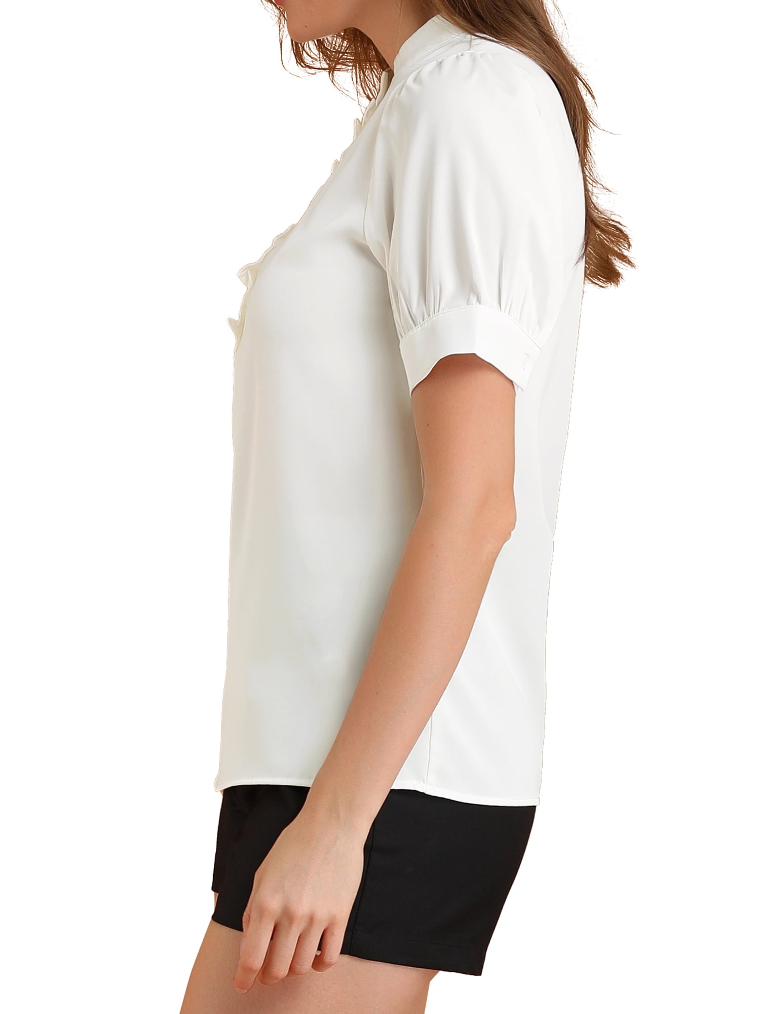 DARING DIVA Ruffled Half Button Placket Short Sleeves Work Top L White