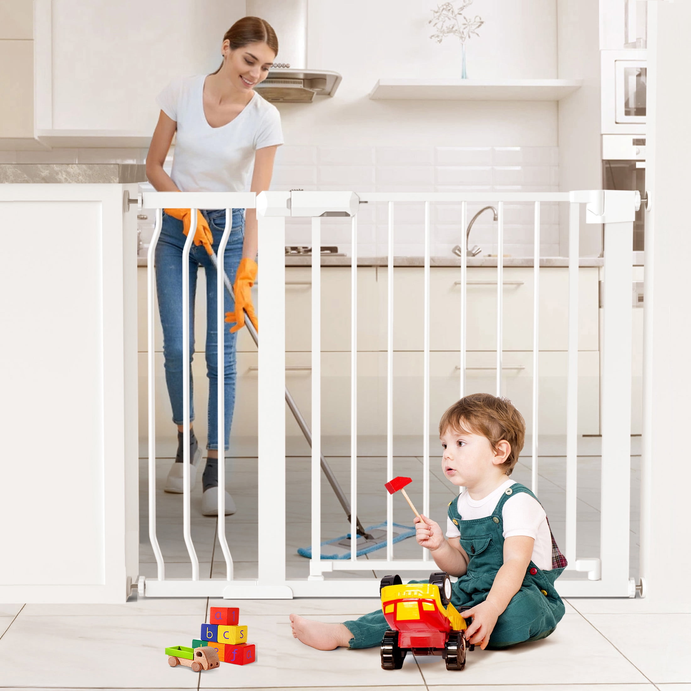 Vomeast 36in Extra Tall Baby Safety Gate,29.93- 48.8in Extra Wide Metal Dog Gates for Stair and Doorways,Pressure Mounted,White