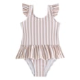 thumbnail image 4 of Bainana Girls Striped Swimwear Toddler Ruffled Sleeve Crew Neck One-Pieces Swimsuit Breathable Stretchy Little Kids Beach Vacation Pool Bathing Suit Light Pink Size 5-6 Years, 4 of 7