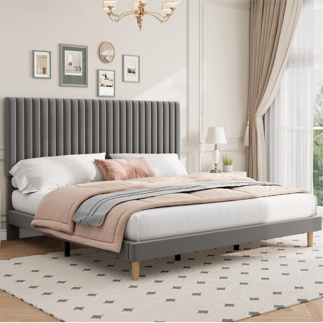 King Size Bed Frame, Adjustable Height Headboard, Velvet Upholstered Platform Bed Frame, No Box Spring Needed, Easy Assembly, Grey