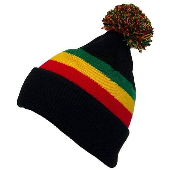 Winter Hats Rasta Jamaican Quality Cuffed Hat W/Large Pom (One Size)(Fits Large Heads) - Black