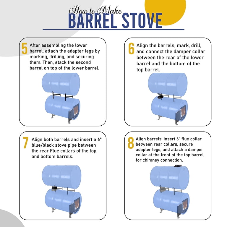 SONRET 55-Gallon Drum Barrel Stove Kit For Wood/Coal - Double Barrel Kit, Black, With Door, Legs, Flue Collars