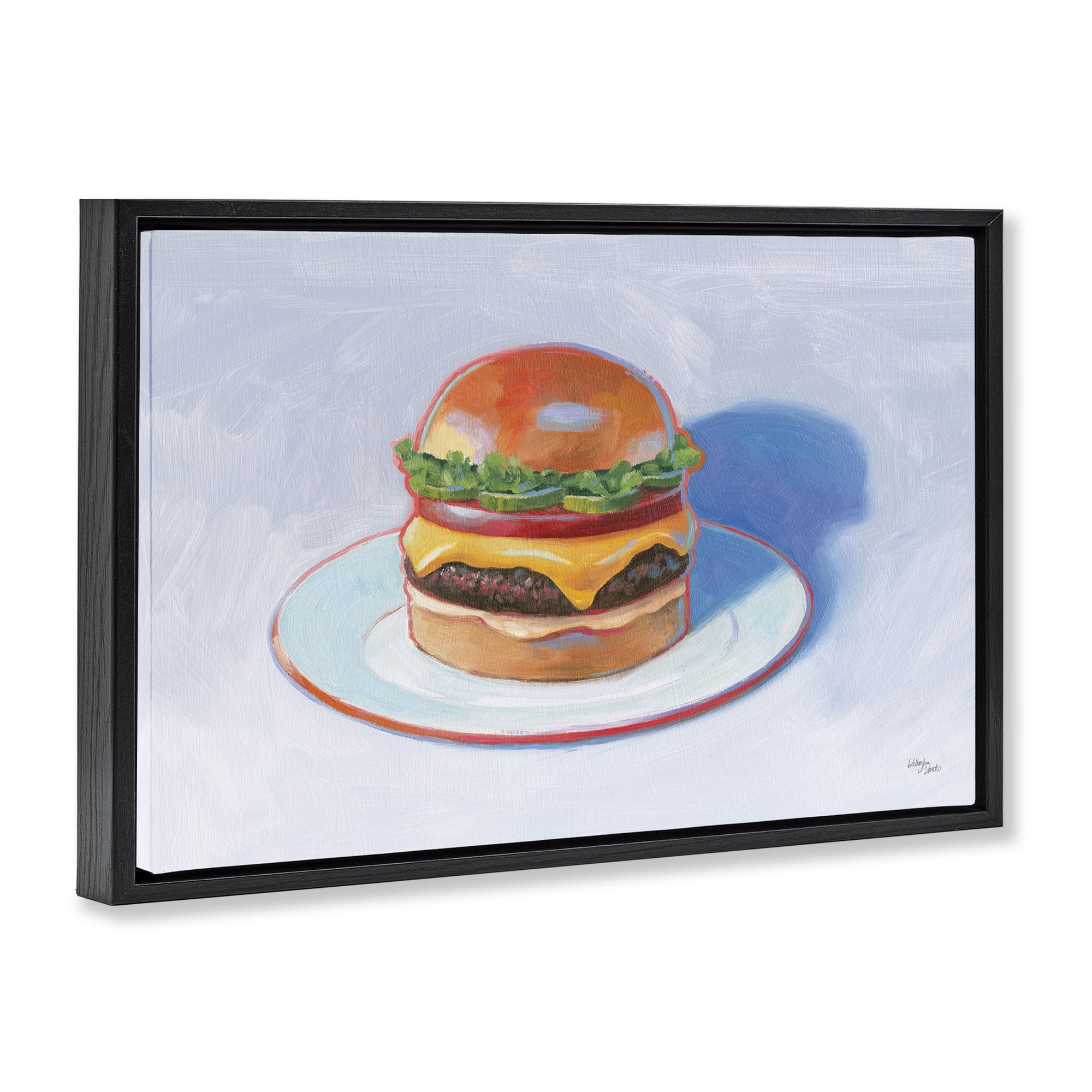 Stupell Industries Burger on Plate Food & Beverage Painting Black Floater Framed Canvas Art Print Wall Art, 25 x 17