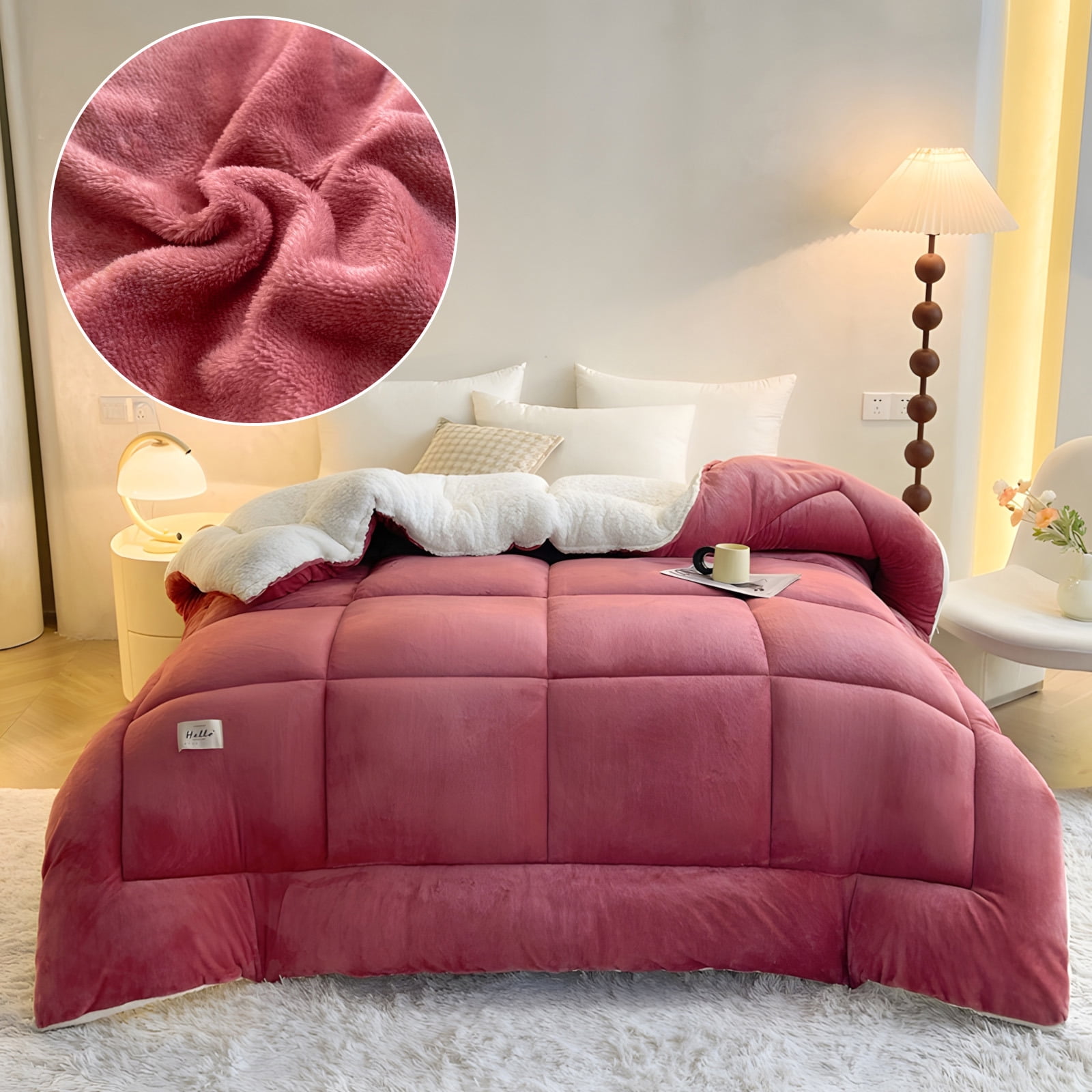 WOOW DEPOT Sherpa Fleece Twin Comforter Reversible, 1 PCS, Heavy 5.5lbs Quilted Bedding Warm Cozy Machine Washable, Bean Paste Red