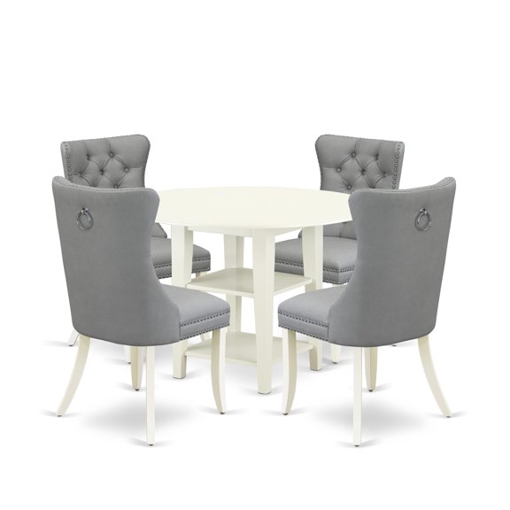 East West Furniture 5 Piece Kitchen Set Consists of a Round Dining Table with Dropleaf & Shelves