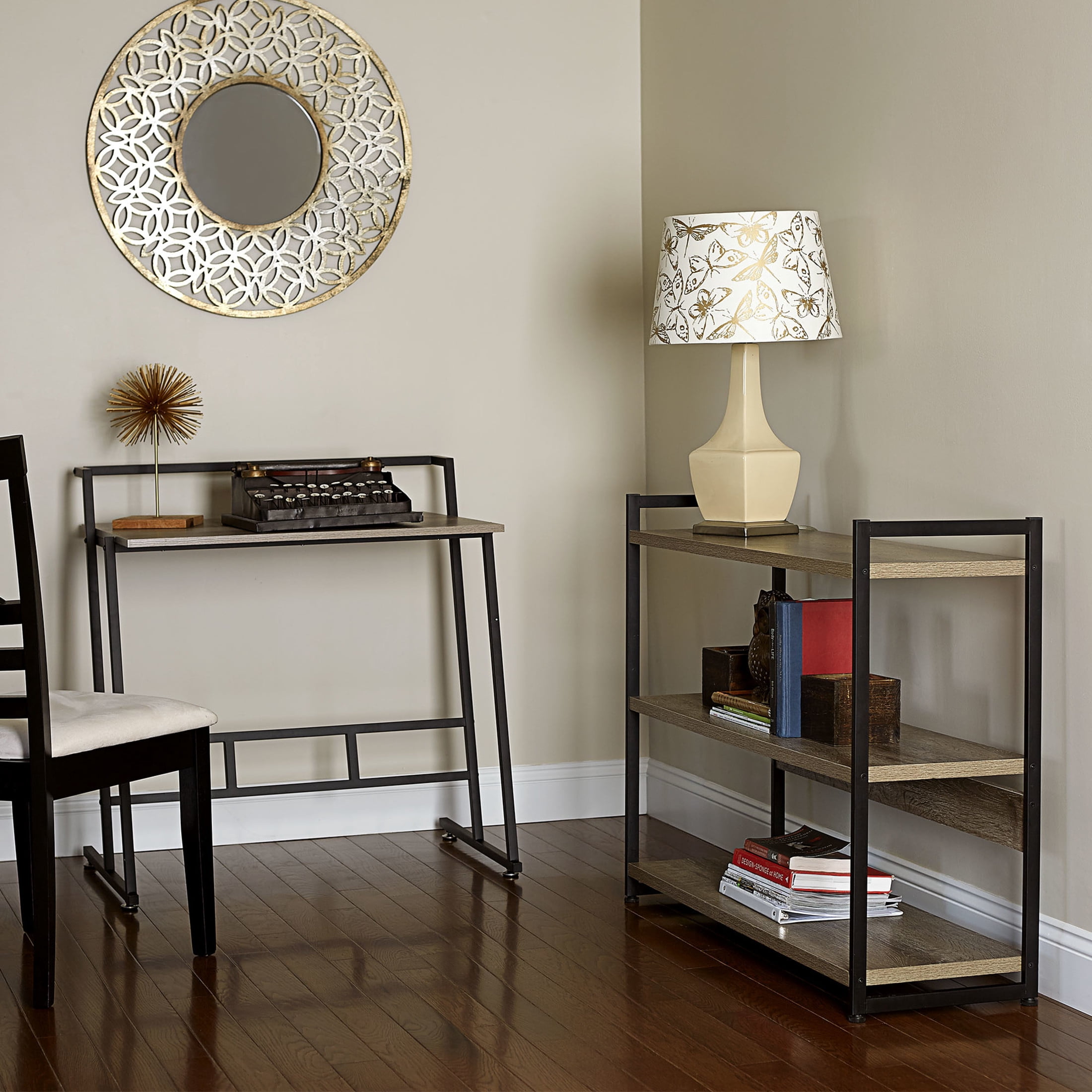 Household Essentials Jamestown Small Office Desk Ashwood Rustic Wood Grain and Black Metal