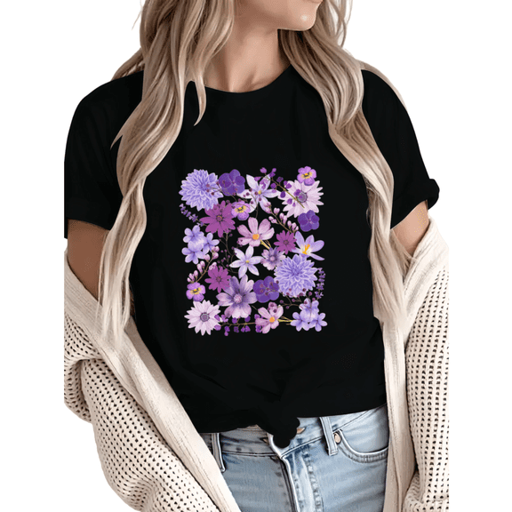 Giffimy Women's Purple Wildflower Pattern Graphic Short Sleeve T-Shirt Casual Cotton Crewneck Top