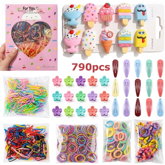 790 PCS Girls Hair Accessories Kit - Toddler Snap Clips, Colorful Ties & Loops for Baby, Kids, Teens