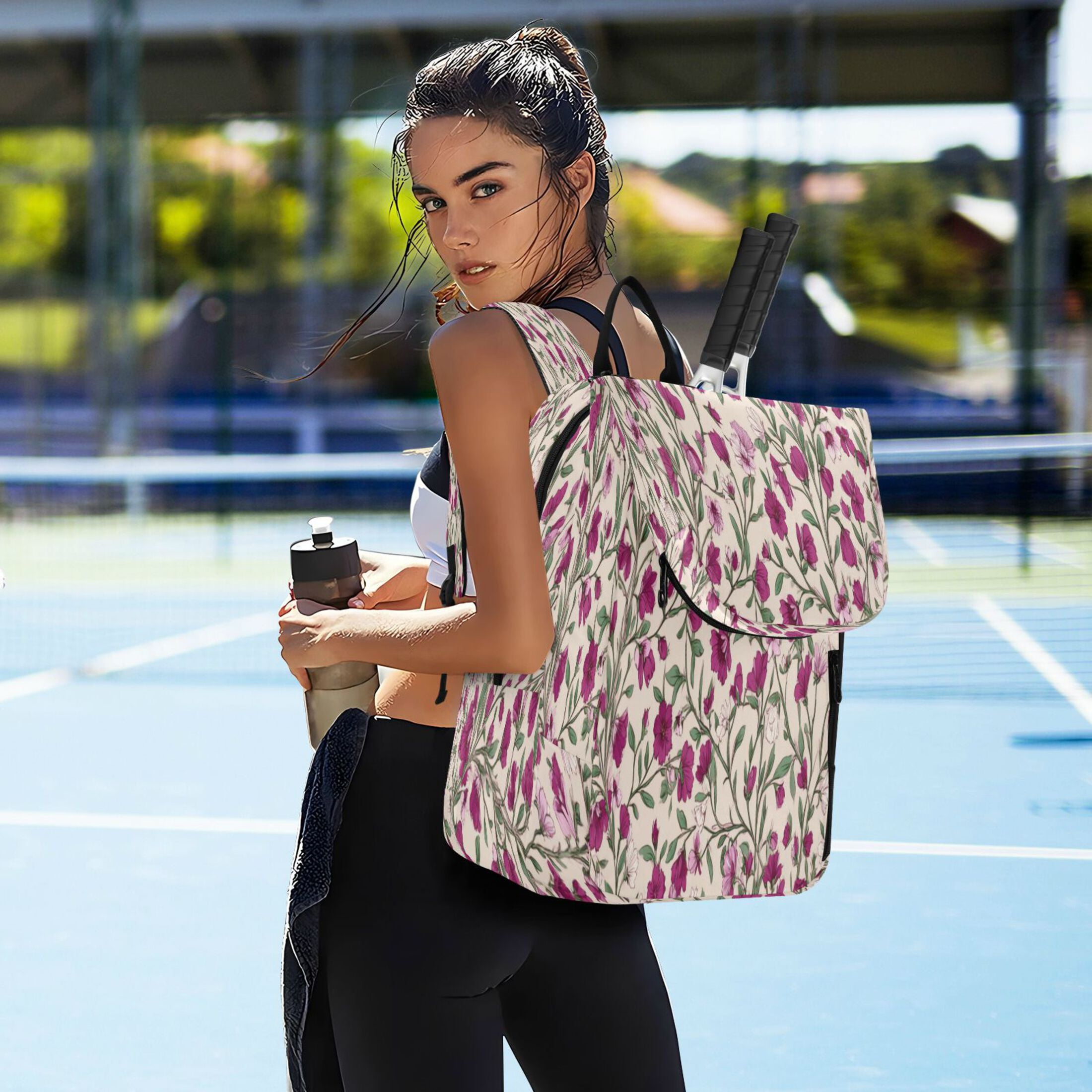 2 Racquet Holder Tennis Backpack Tennis Racket Covers Gym Bags Red-pink Magenta Flowers