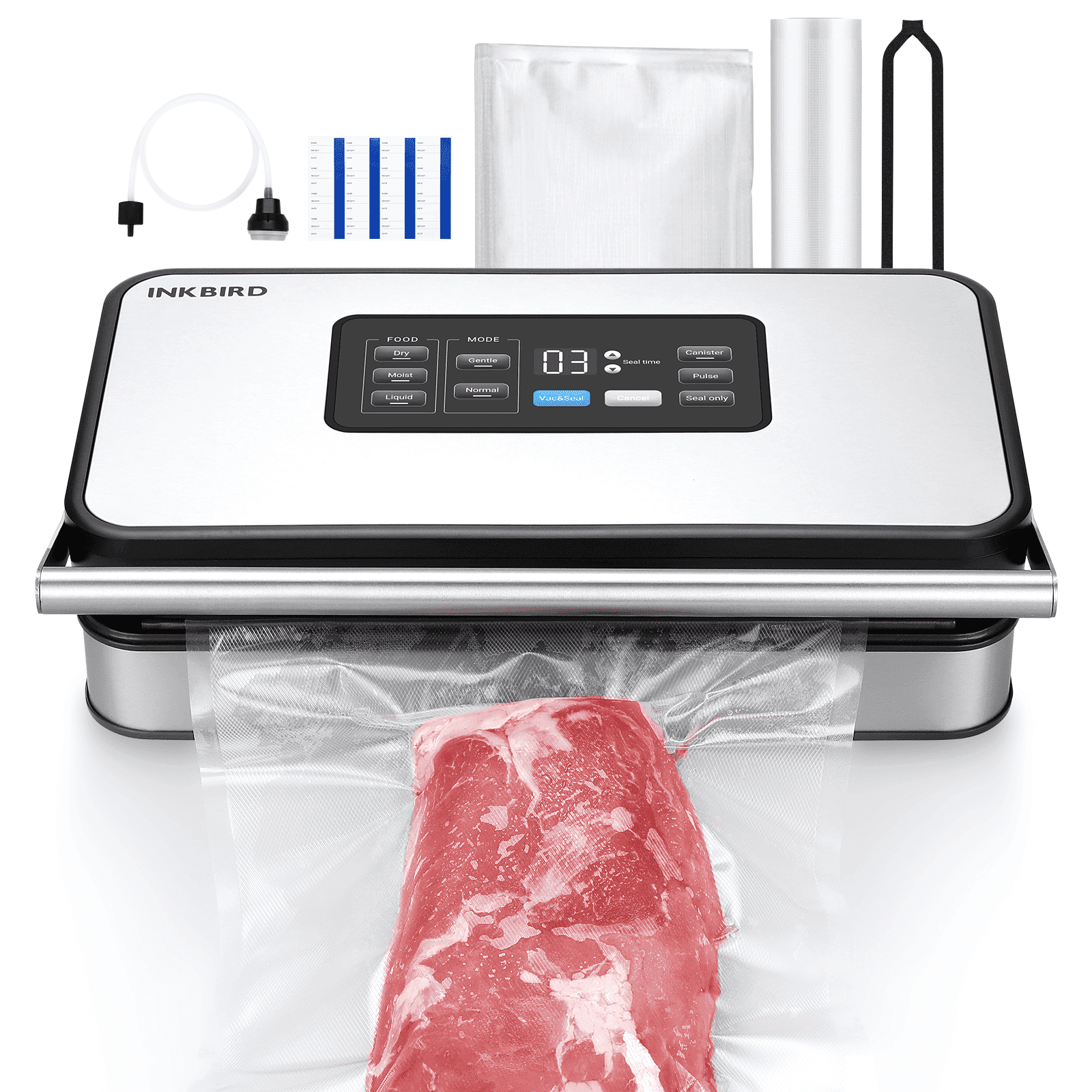 INKBIRD INK-VS04 Home Food Vacuum Sealer Machine with Starter Kit, Dual Motor, Dual Pump, Multiple Functions, Countdown LED, Built-in Cutter and Bag Storage, with Overheat Protection, Dry/Moist/Liqui