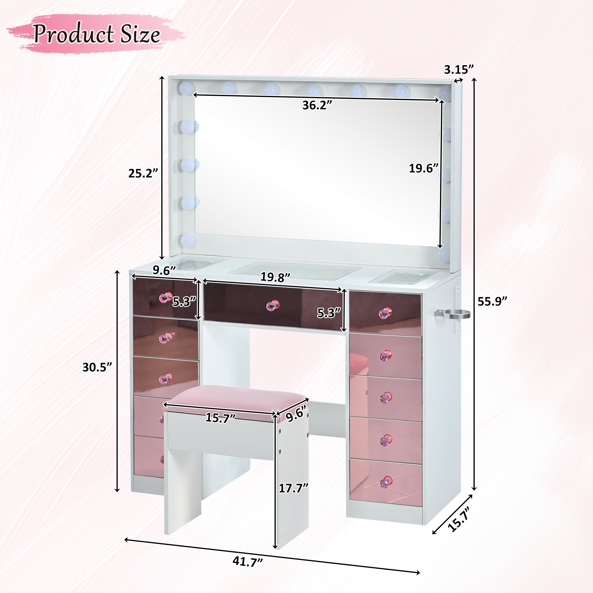 Makeup Vanity, Vanity Desk with Lights, Hollywood Vanity with 15 LED Bulbs 3 Color Modes Adjustable Brightness Pink Glass Top Dressing Table 11 Drawers Includes Cushioned Stool, Pink