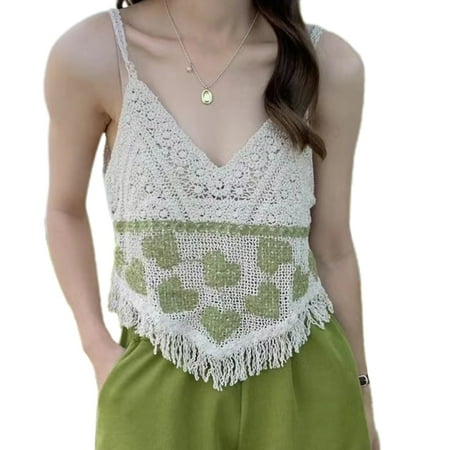 

BOOYOU Women Sexy V-Neck Camisole Hollow Crochet Knit Heart Irregular Tassels Crop Top