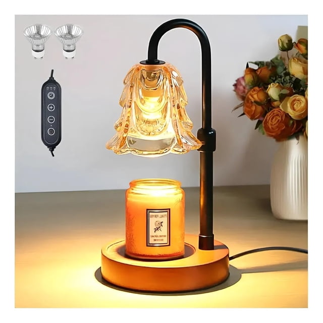 Lámpara Calentadora De Velas Aromáticas Regulable Con Tempor, Lámpara Aromática de Mesa con Soporte para Vela, Base de Madera, Pantalla de Cristal Decorativ