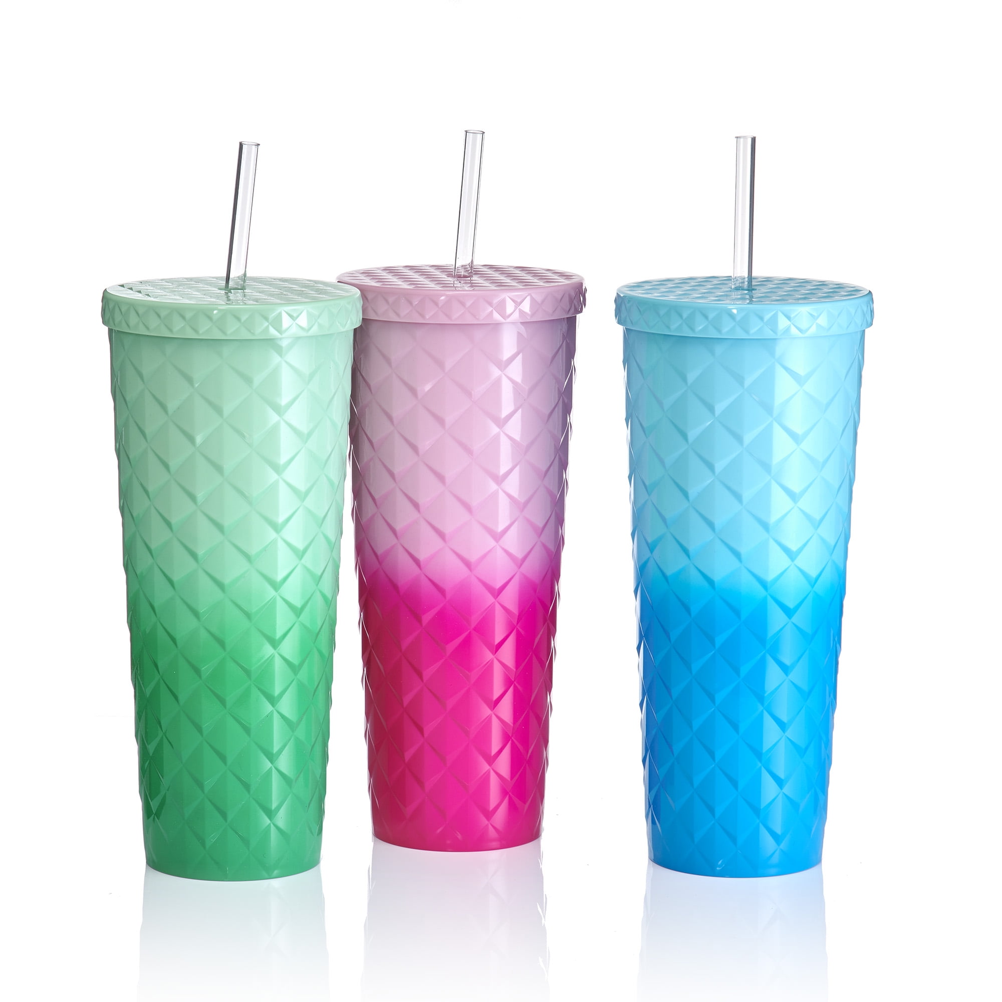 Mainstays 26oz Diamond Scale Textured Plastic Tumbler with Straw, Ombre Blue, Double Wall Insulated