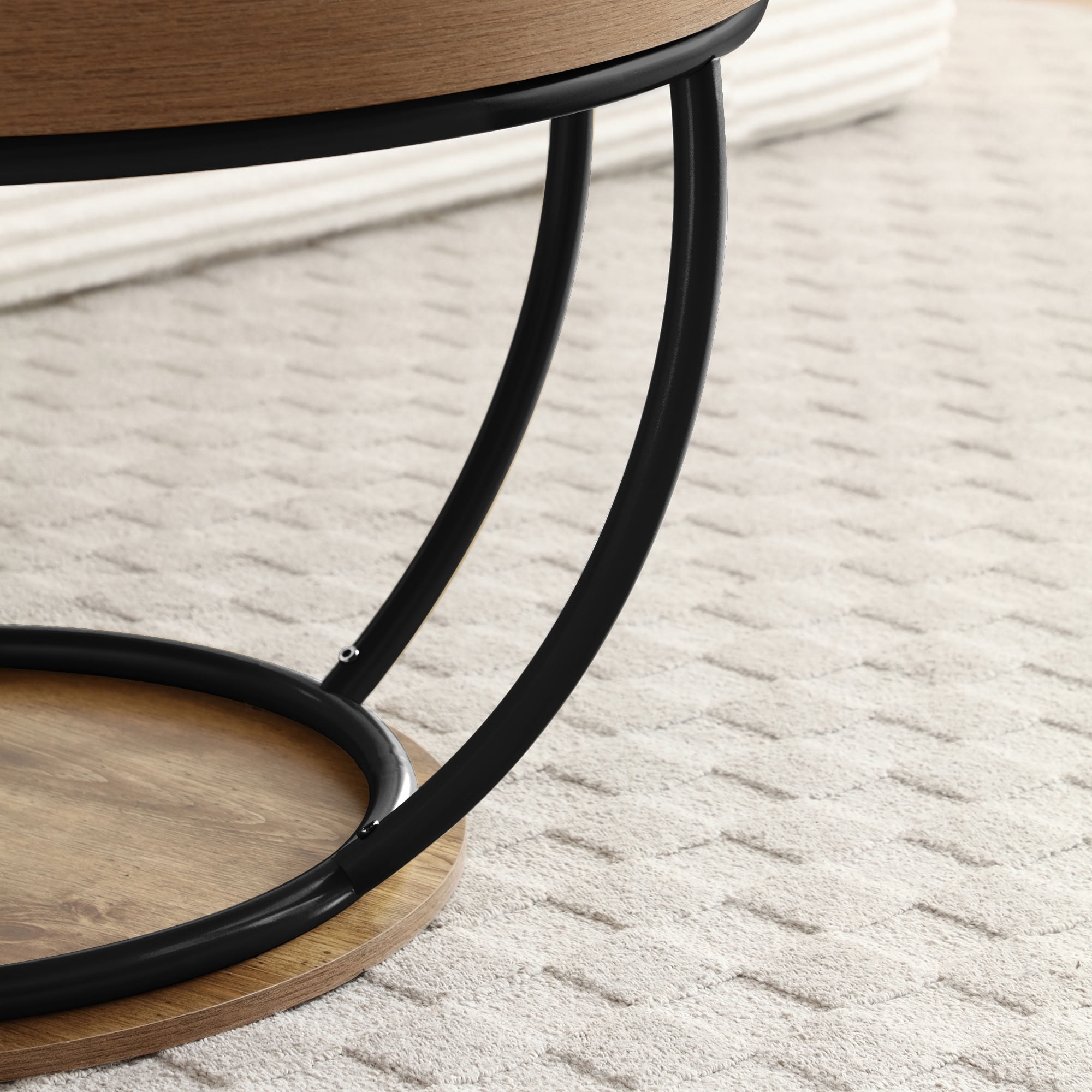 MAYEERTY 31 Inch Round Coffee Table, 2-Tier Cocktail Table with Metal Frame, Dual Storage Shelves for Living Room Apartment Home Office
