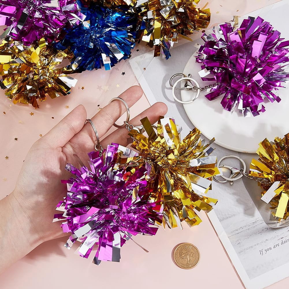 24Pcs 3 Colors Cheer Pom Pom Keychain Foil Cheerleader Keyring PE Cheerleading Keychain Cheer Keychain for Girls Women Cheer Bag Jewelry Accessories Cheer Camp Gifts