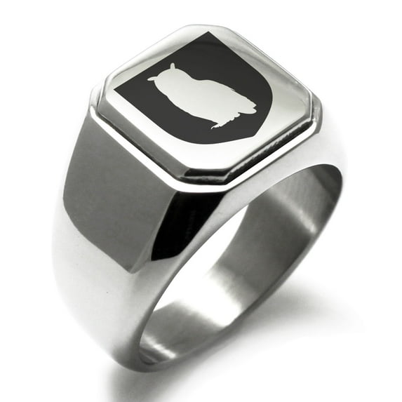 Stainless Steel Owl Wisdom Coat of Arms Shield Engraved Square Flat Top Biker Style Polished Signet Ring