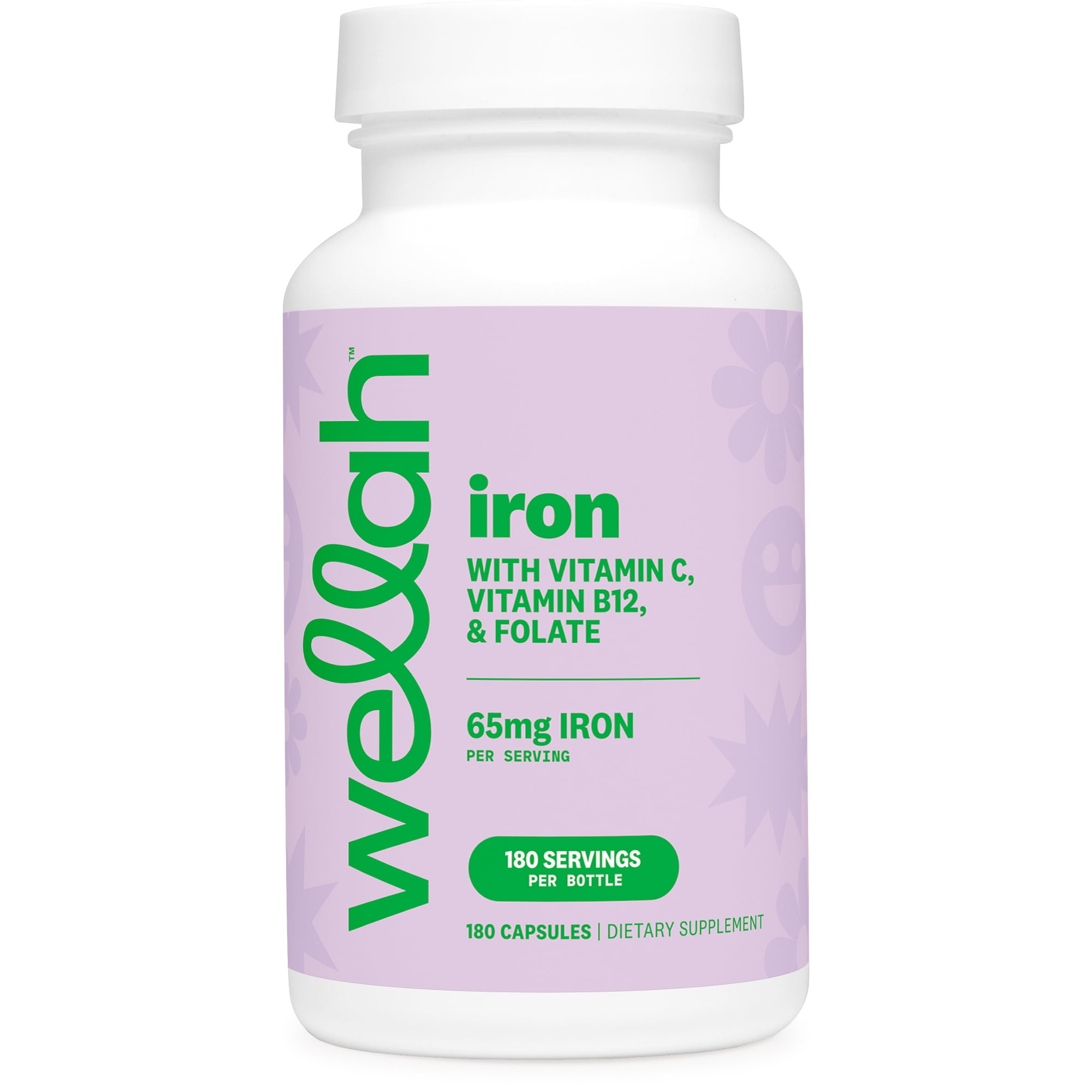 Wellah Iron Supplement for Women (65mg) 180 Capsules - with Vitamin C, Vitamin B12, & Folate