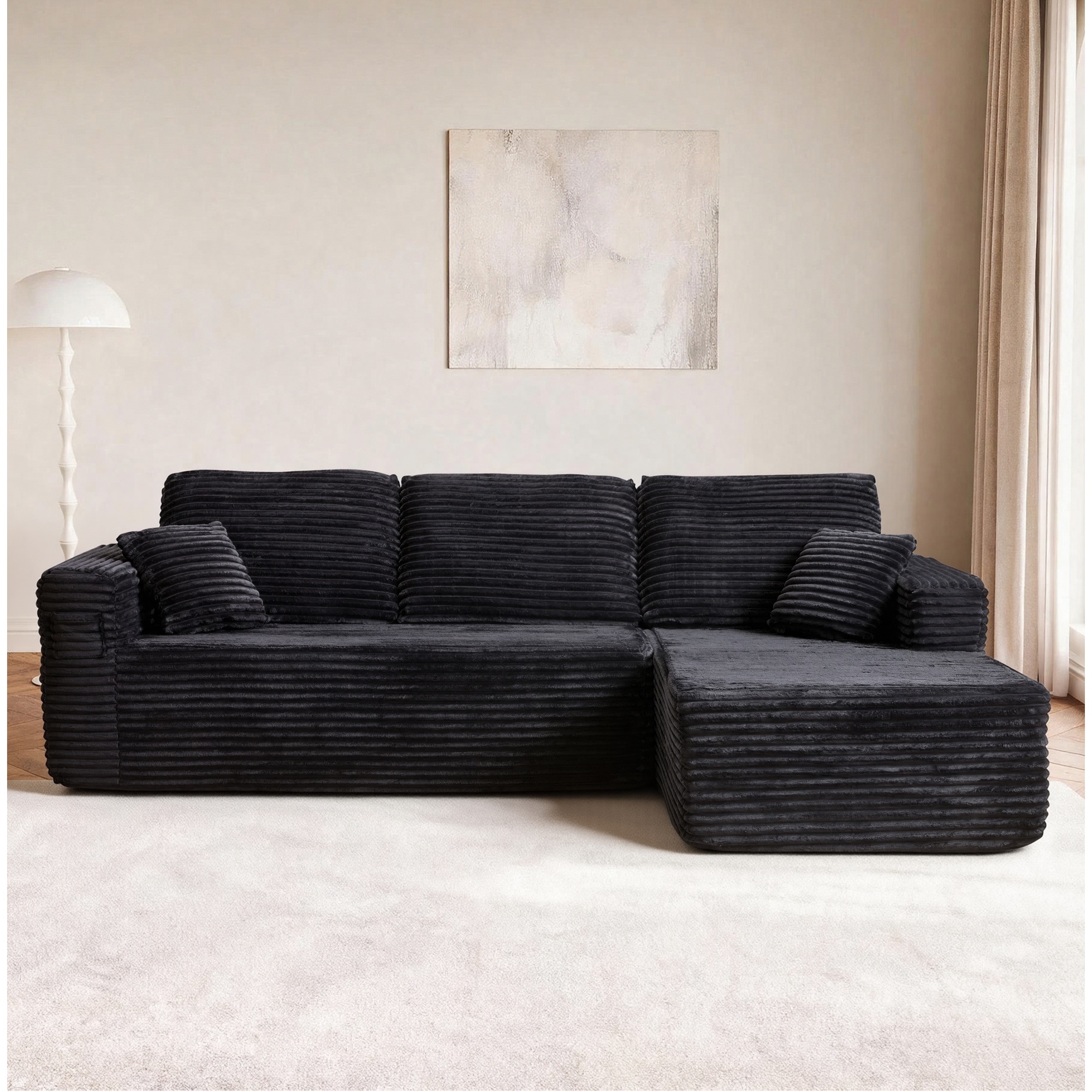 HOQBN 100.39" Cloud Sectional Couch with R-Shape Chaise,Modern Modular Sofa with Deep Seat,No Assembly Required,Compressed Packaging for Living Room Black