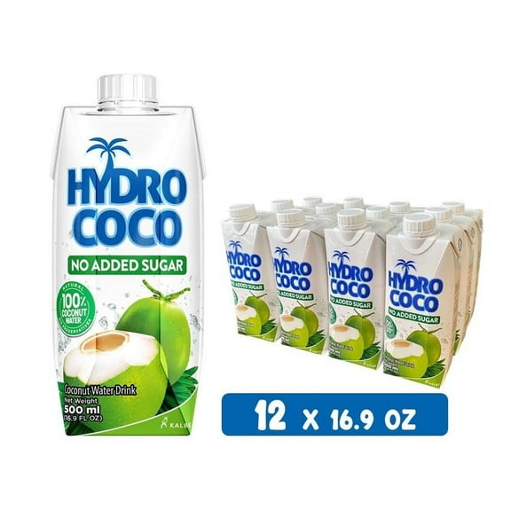 HYDRO COCO 100% Coconut Water, No Added Sugar, Fat Free, 16.9 oz (Pack of 12)