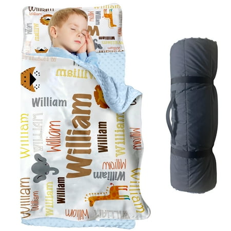 AOLOA Personalized Toddler Nap Mat With Lovely Lion Cartoon Animals Design. Ideal for Preschool and Kindergarten Girls and Boys. Custom Name Option Available. Easy to Roll Up.