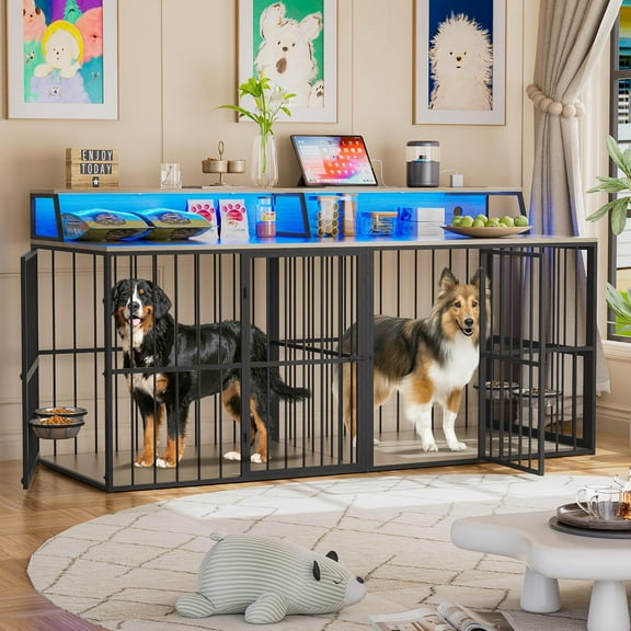 Haverchair 72" Double Dog Crate Furniture with LED Light and Power Outlets, Heavy Duty Wooden Dog Crate TV Stand with Storage Rack, Dog Kennel Indoor Furniture with Rotating Bowls for Large Dogs