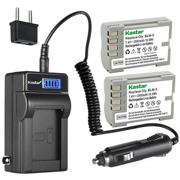 Kastar 2-Pack Battery and LCD AC Charger Compatible with Olympus BLM-5 PS-BLM5 EA-BLM5 Battery, Olympus BCM-5 Charger, Olympus E-1 E1, E-3 E3, E-30 E30, E-5 E5 Camera, Olympus HLD-4 Battery Grip