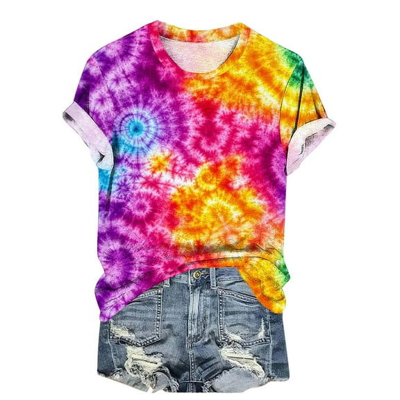 jtjvou Women's Summer Short Sleeve Tuinc Round Neck Blouse Tie Dye Pullover Plus Size Lady Trendy Fashion Going out Tops for Teen Multicolor,L