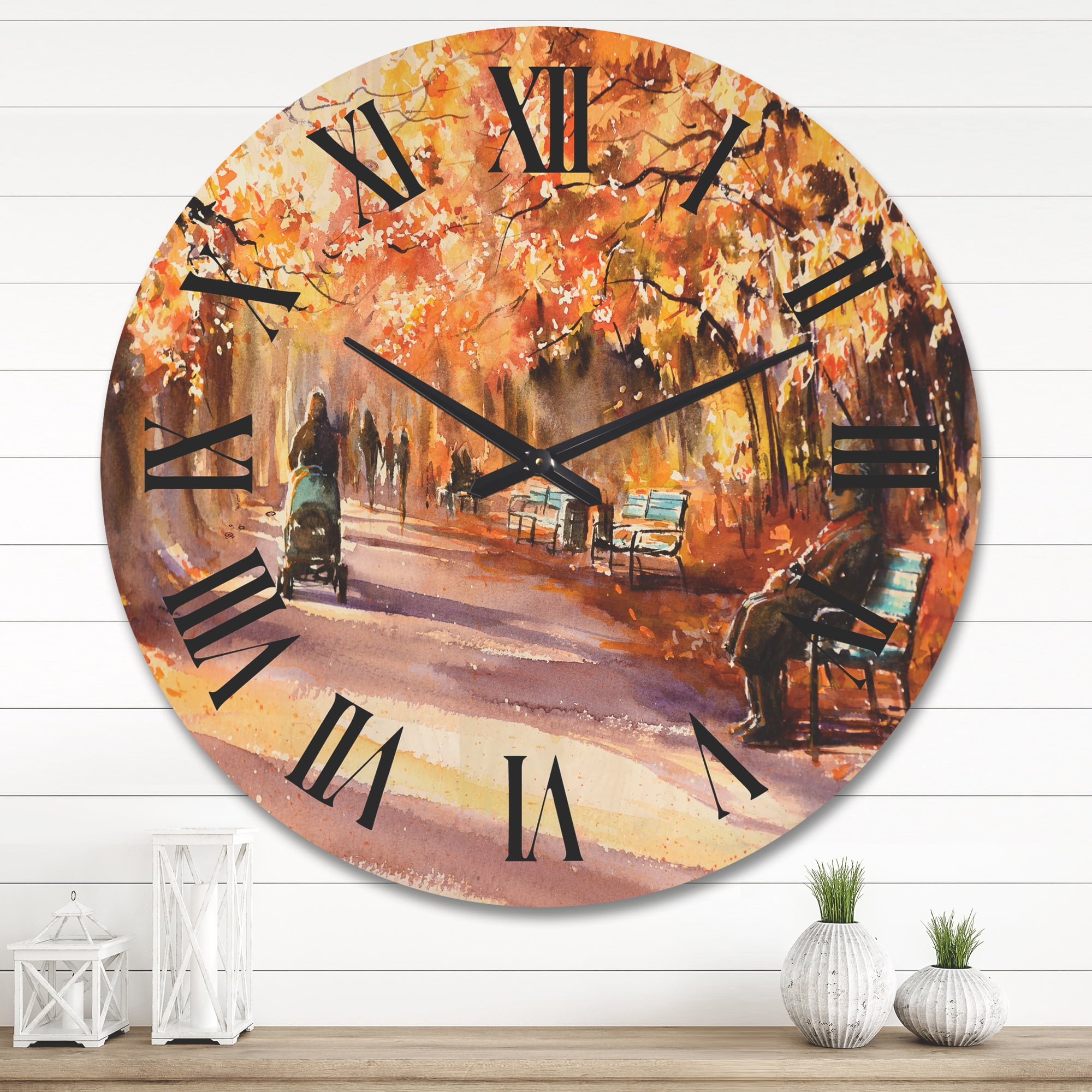 Designart 'Path In The Park In Sunny Autumn Day' Country Wood Wall Clock