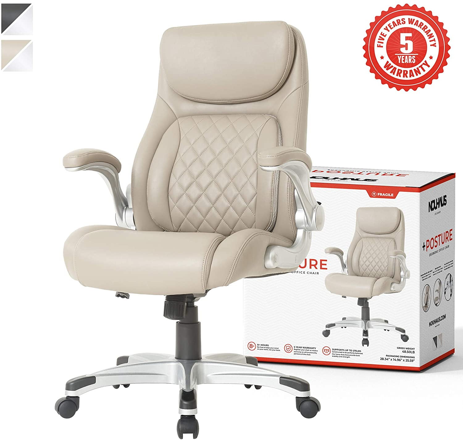 Modern Executive Chair and Computer Desk Chair Taupe Click5 Lumbar Support with FlipAdjust Armrests NOUHAUS +Posture Ergonomic PU Leather Office Chair 