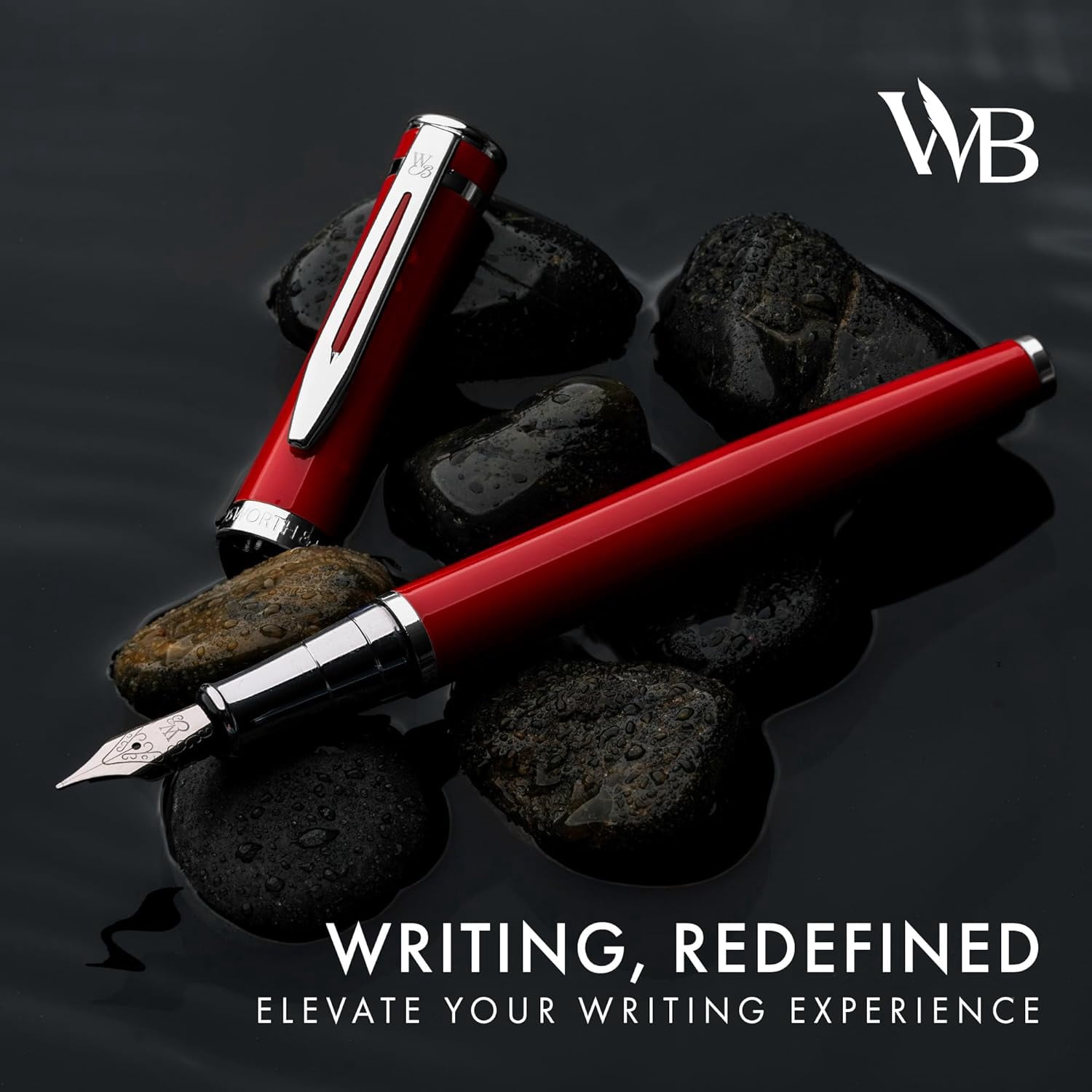 Wordsworth & Black Fountain Pen Set, Medium Nib, Includes 24 Pack Ink Cartridges, Ink Refill Converter & Gift Pouch, Chrome Finish, Calligraphy, [Crimson Red], Perfect for Men & Women