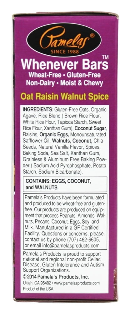Pamela's Products, Oat Spice Whenever Bars, Raisin Walnut, 5/1.41oz, Pack of 6